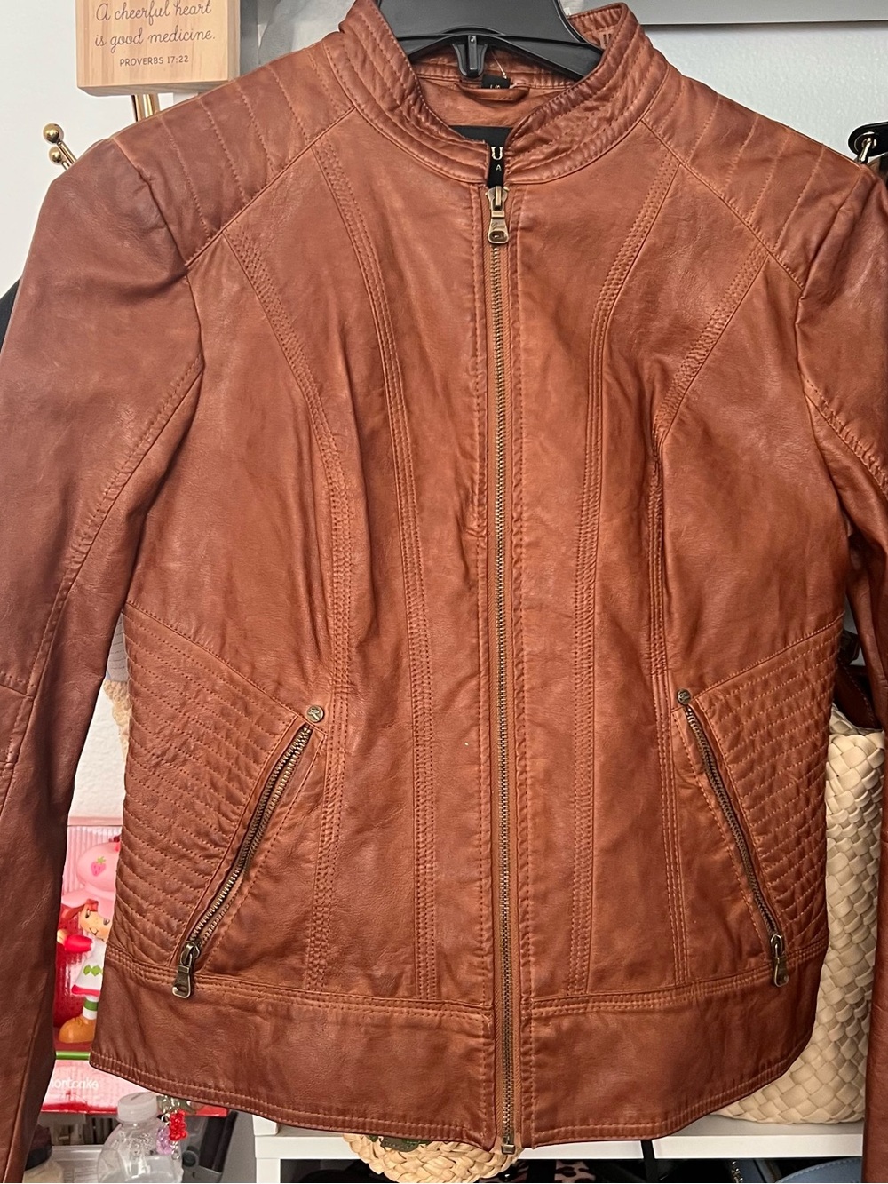 Guess Cognac Leather Quilted Panel Zip Jacket